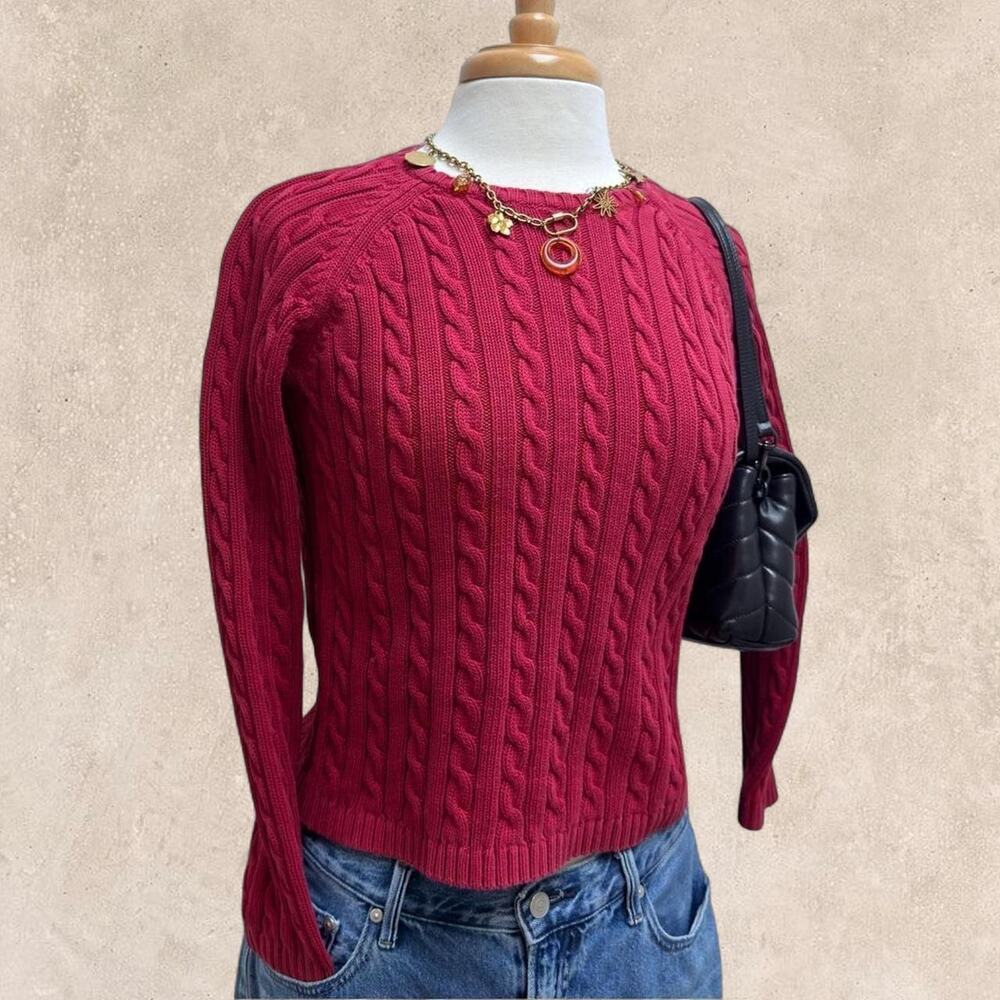 L.L. Bean Cable Knit Sweater Size S-Reg Red Cotton 90s Vintage